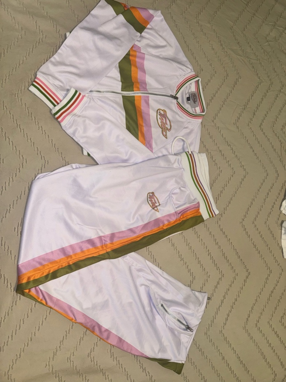 White Two-Piece Track Set with Pink, Orange & Olive Stripes